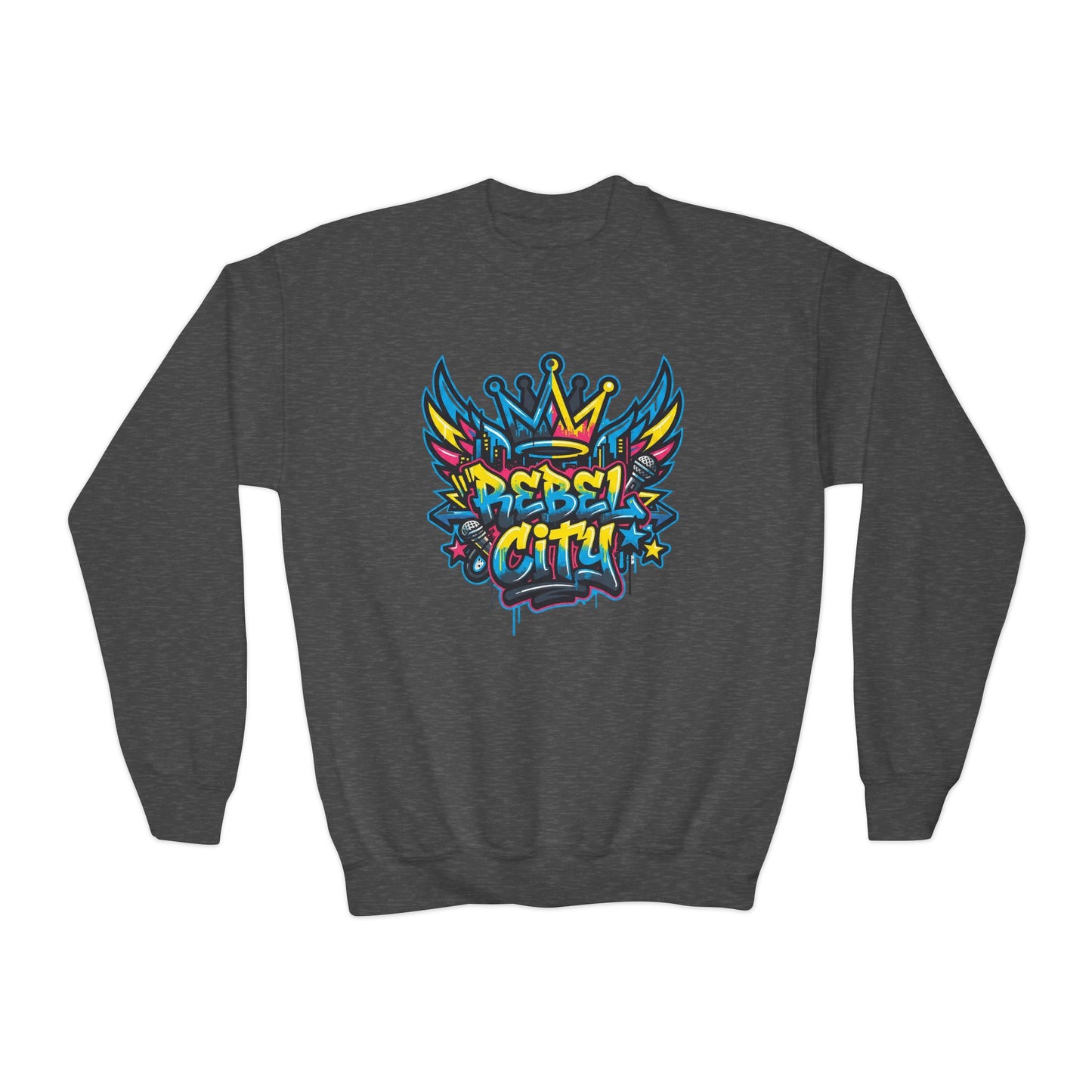 Youth Crewneck spray paint style- Sweatshirt - Colorful Rebel City Graffiti Crown Design