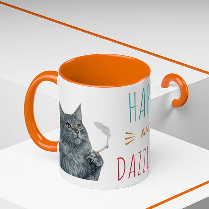 Happy and Dazzling smoking Cat Coffee Mug — Cute Cat smoking a cigarette Illustration Accent Mug (11/15 oz) (free shipping)