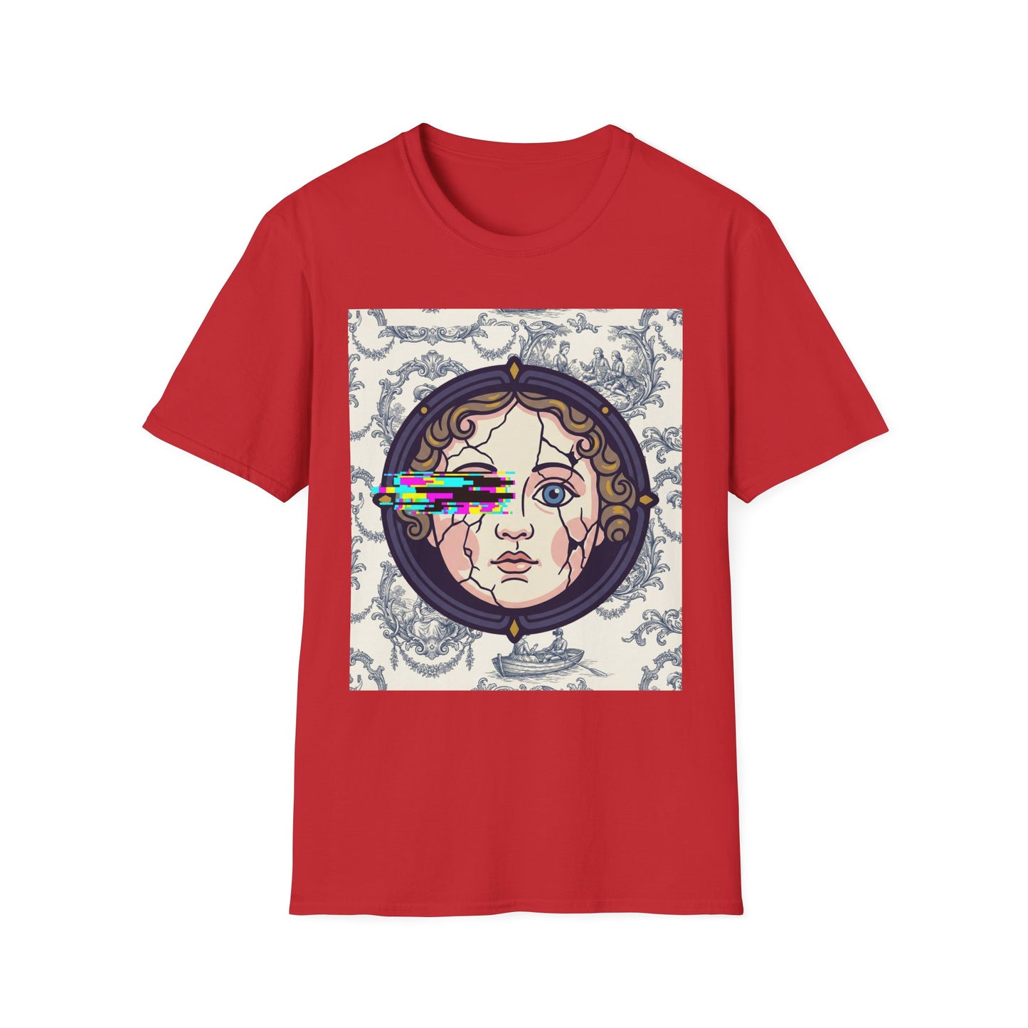Glitch retro cracked porcelain doll face- Rococo Smartphone Toile - T-Shirt — Retro Mythology Art Tee