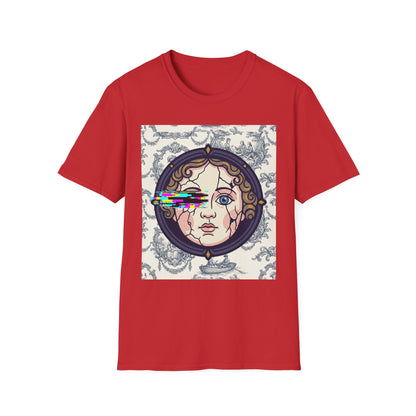 Glitch retro cracked porcelain doll face- Rococo Smartphone Toile - T-Shirt — Retro Mythology Art Tee