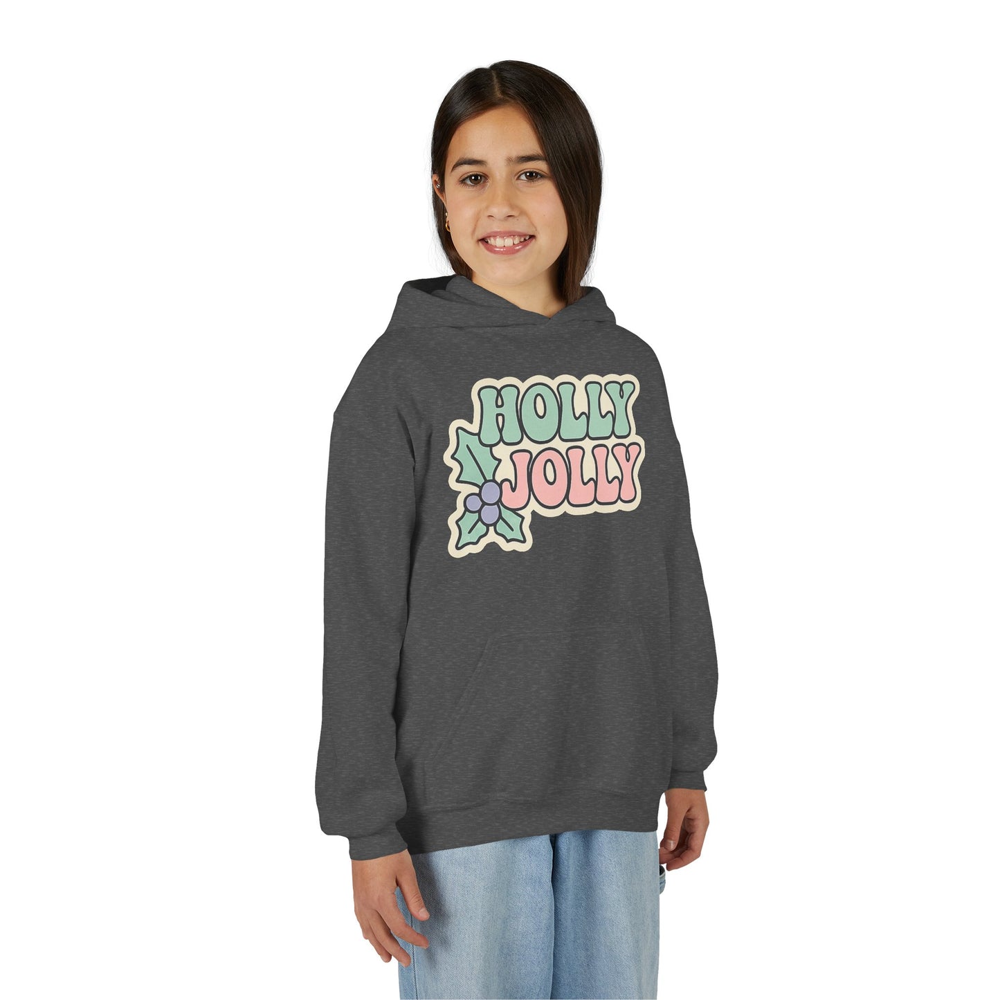 Girls Youth Hoodie — 'Holly Jolly' Pastel Christmas Holiday Sweatshirt