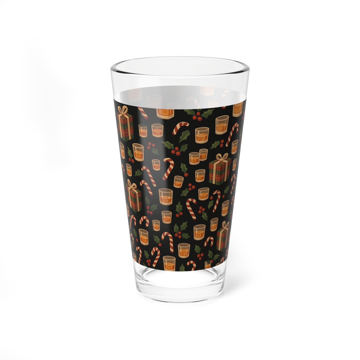16oz Mixing Glass — Holiday Whiskey Pattern (Candy Canes, Gifts & Holly) (free Shipping)