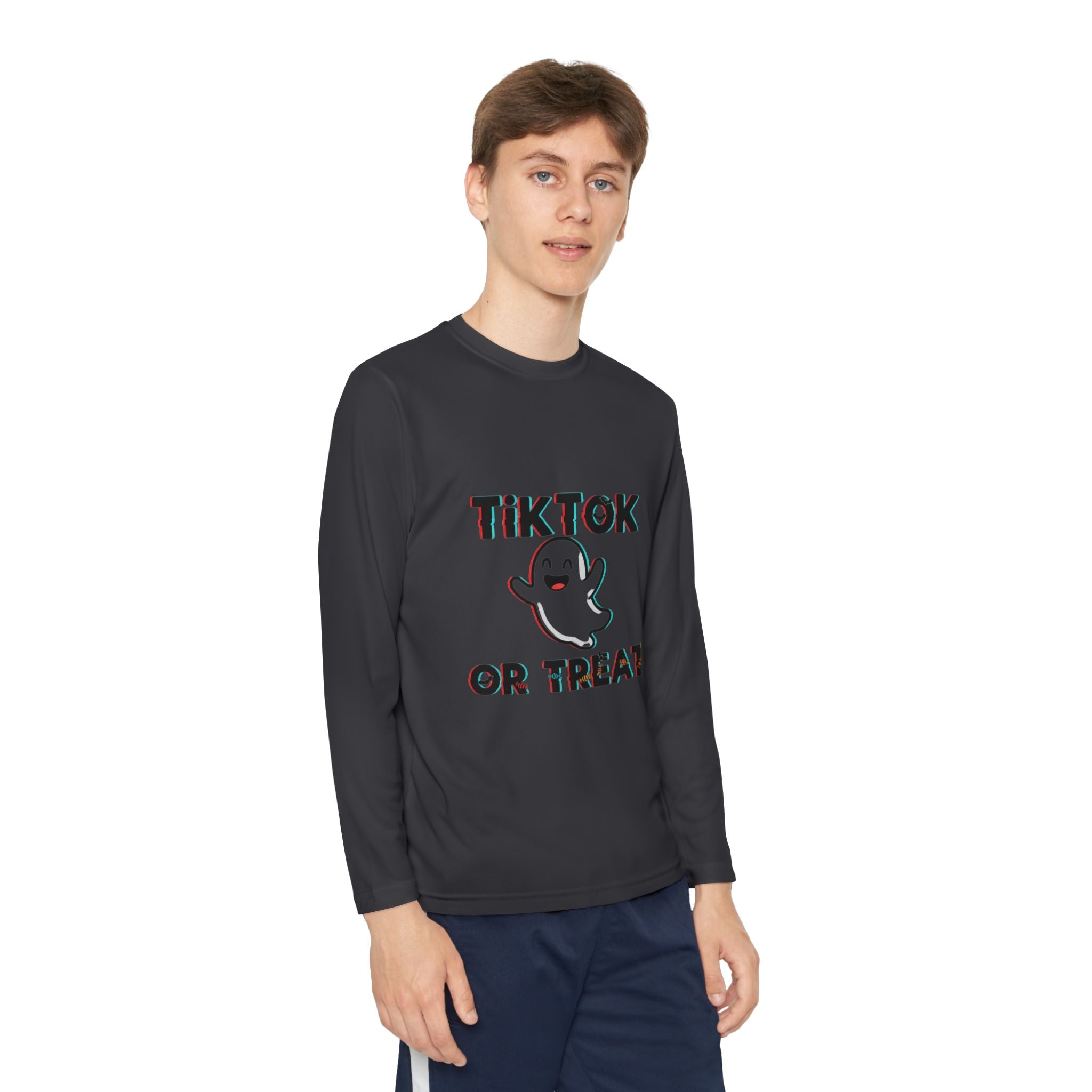 TikTok Halloween Long Sleeve Tee, Youth Costume Shirt, Spooky Apparel, Trick or Treat Top, Youth Ghost Halloween Shirt