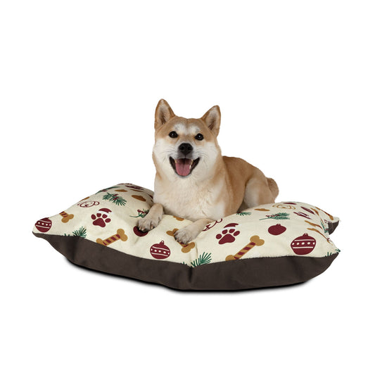 Holiday Paw Print Pet Bed — Christmas Dog Bone & Ornament Pattern