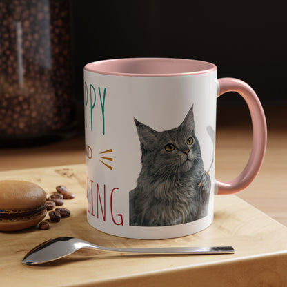 Happy and Dazzling smoking Cat Coffee Mug — Cute Cat smoking a cigarette Illustration Accent Mug (11/15 oz) (free shipping)