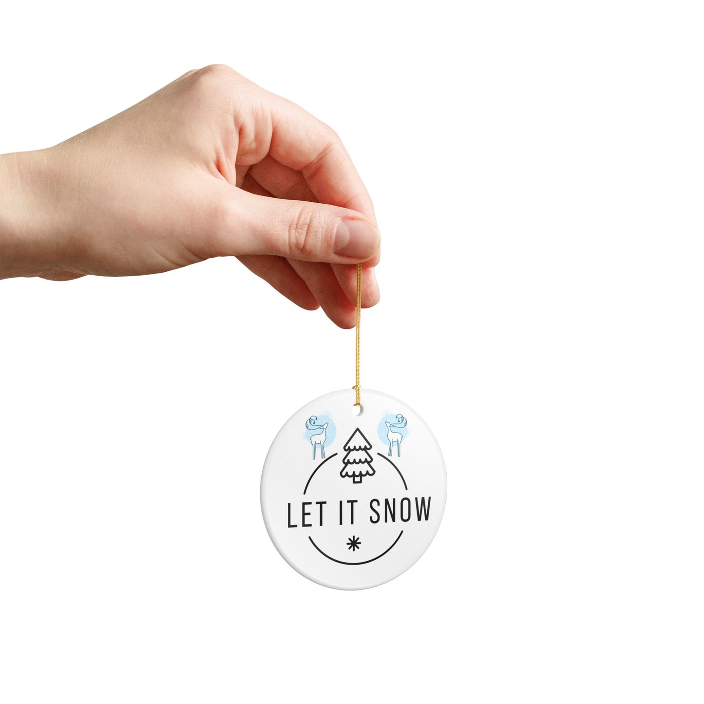 Let It Snow Ceramic Ornament — Blue Holiday Tree & Reindeer Decoration
