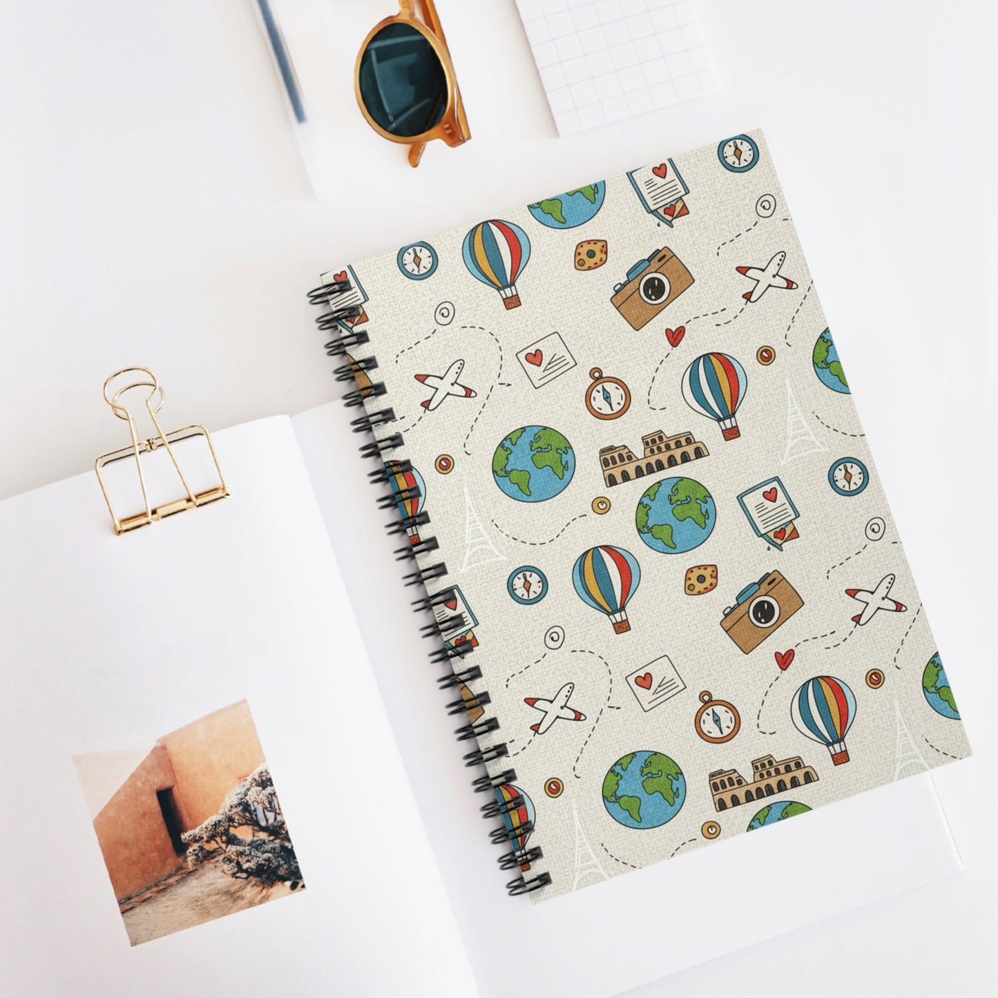 Travel Doodles Spiral Notebook — Ruled Travel Journal with Globe, Hot Air Balloon & Camera Pattern