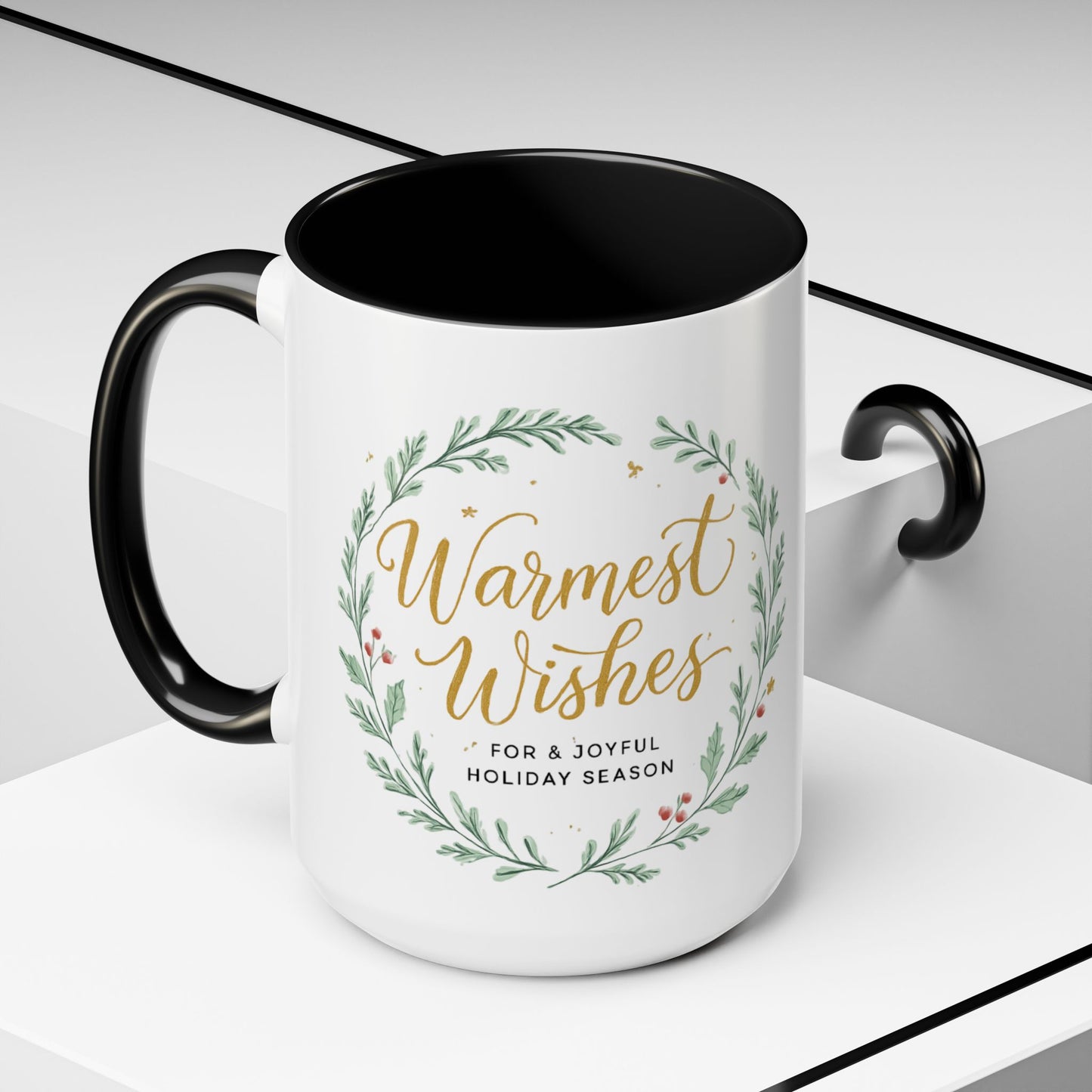 Warmest Wishes Holiday Coffee Mug — Festive Wreath Accent Mug (11/15oz)