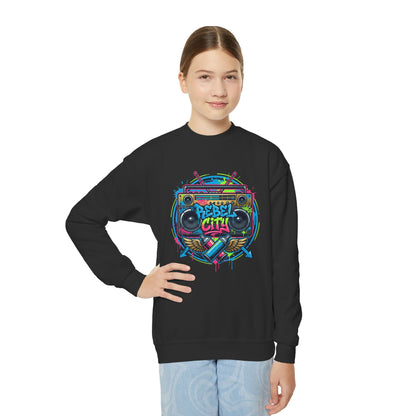 Youth Crewneck Sweatshirt — Vibrant Retro Boombox “Rebel With” spray paint Graphic