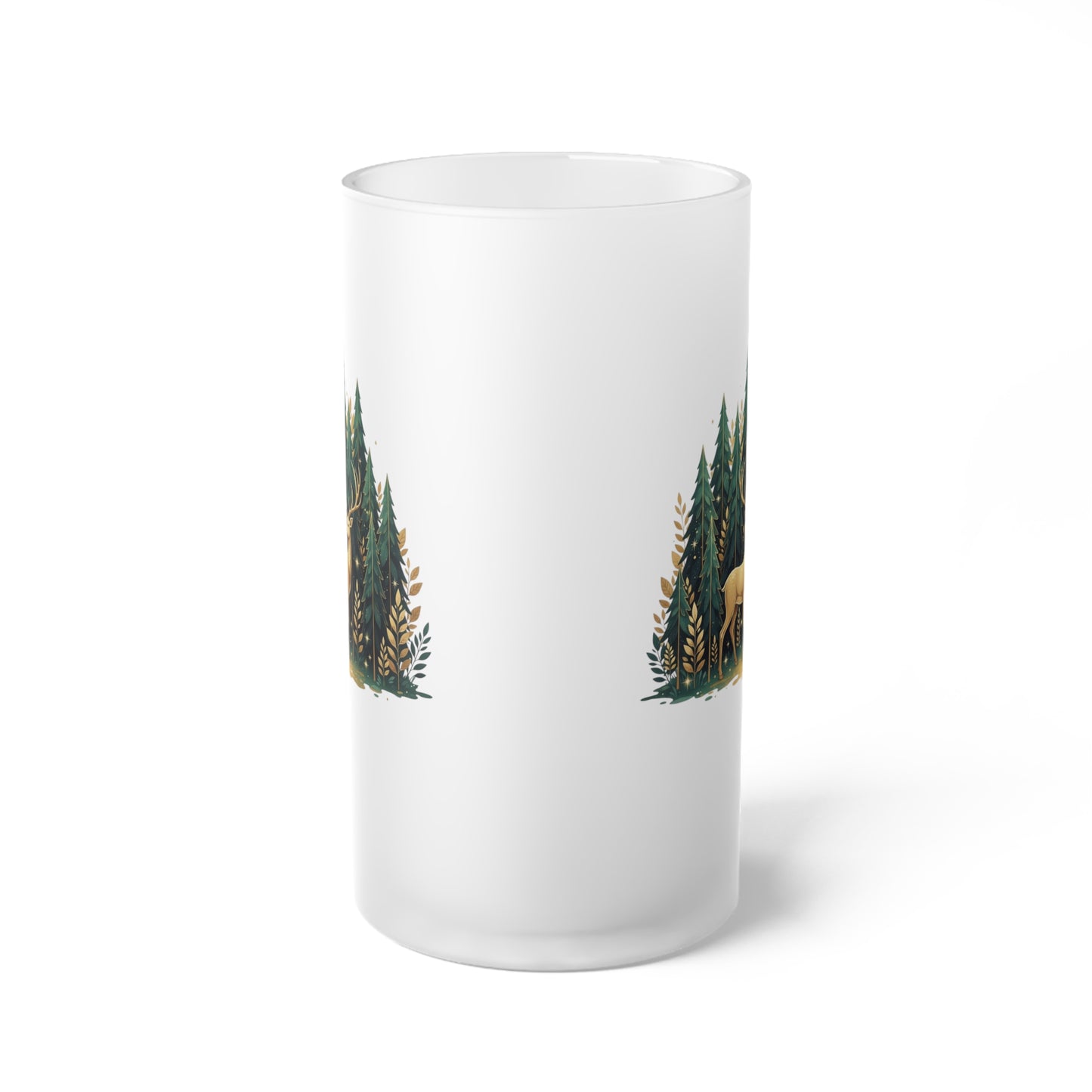 Frosted Beer Stein — Woodland Moose & Pine Forest Glass Mug