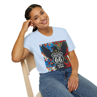Route 66 Made in USA T-Shirt — Vintage Eagle Floral Roadtrip Tee- camo flower combo T-shirt
