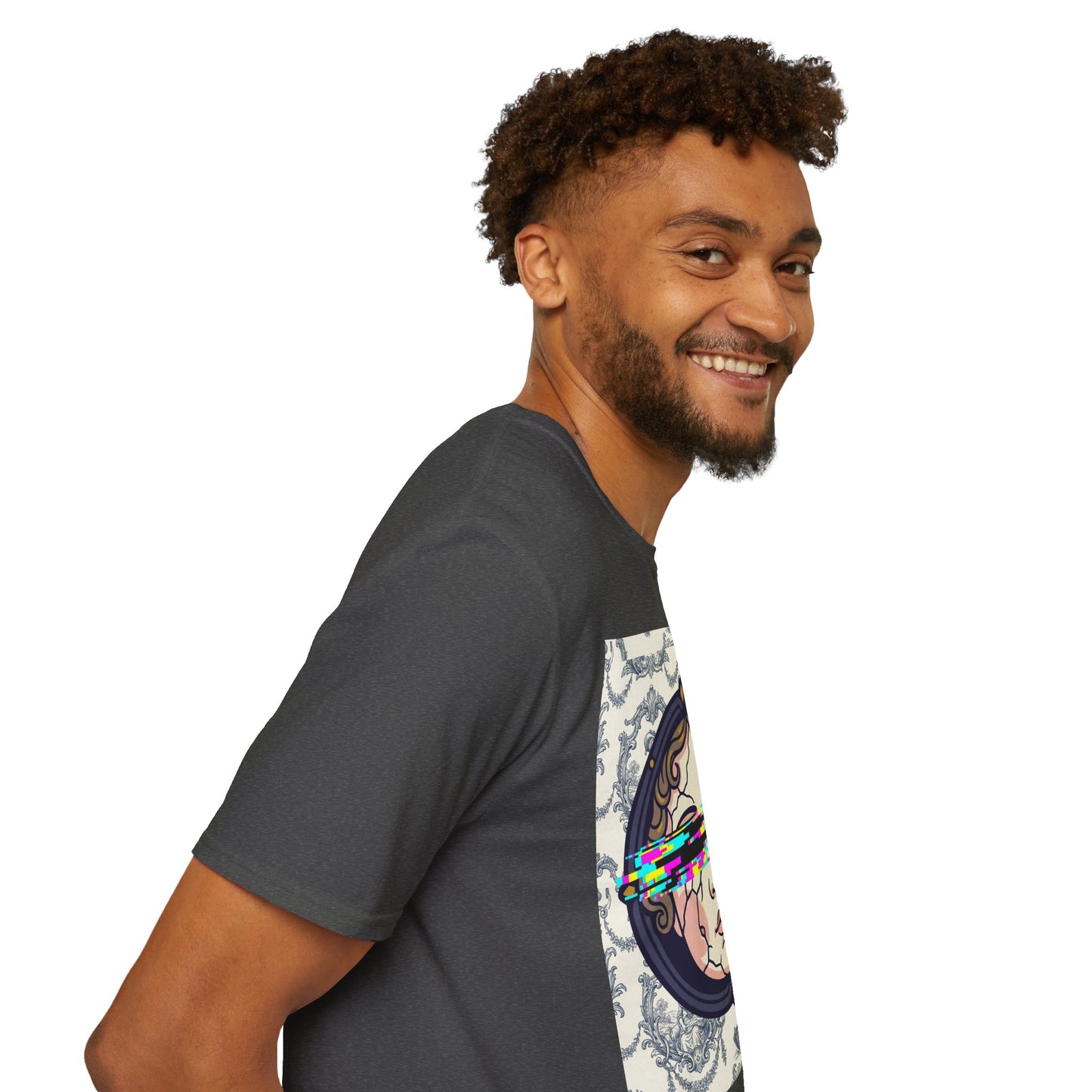 Glitch retro cracked porcelain doll face- Rococo Smartphone Toile - T-Shirt — Retro Mythology Art Tee