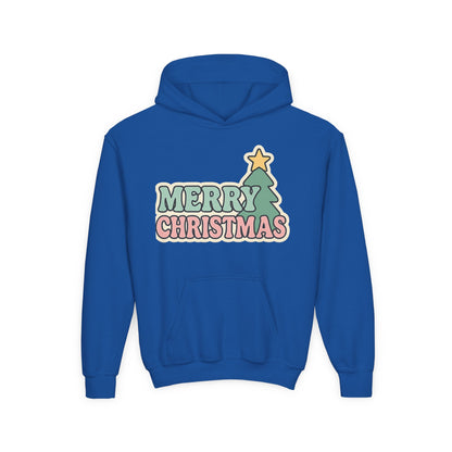 Kids youth Merry Christmas Hoodie — Pastel Tree Holiday Pullover