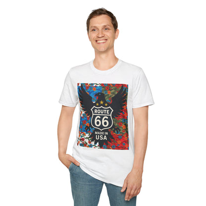 Route 66 Made in USA T-Shirt — Vintage Eagle Floral Roadtrip Tee- camo flower combo T-shirt