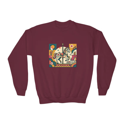 Youth Crewneck Sweatshirt — Retro Carousel Horse Graphic