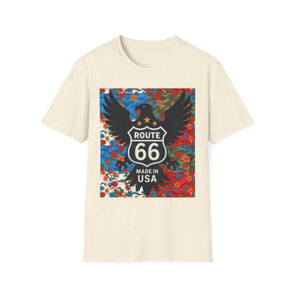 Route 66 Made in USA T-Shirt — Vintage Eagle Floral Roadtrip Tee- camo flower combo T-shirt