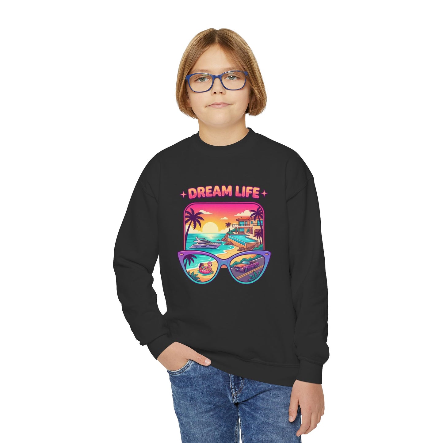 Girls Youth Crewneck Sweatshirt - "Dream Life" Tropical Sunset Graphic