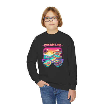 Girls Youth Crewneck Sweatshirt - "Dream Life" Tropical Sunset Graphic