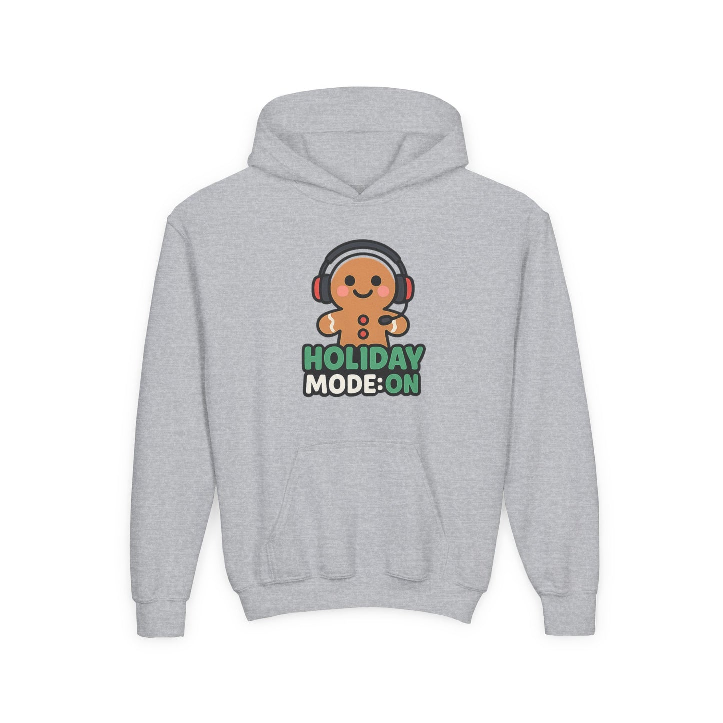 Youth Hoodie — 'Holiday Mode On' Gingerbread Headphone Christmas Sweatshirt