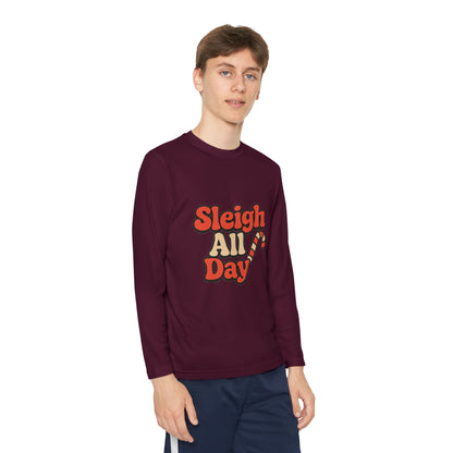 Youth Long Sleeve Tee — "Sleigh All Day" Christmas Candy Cane Holiday Shirt