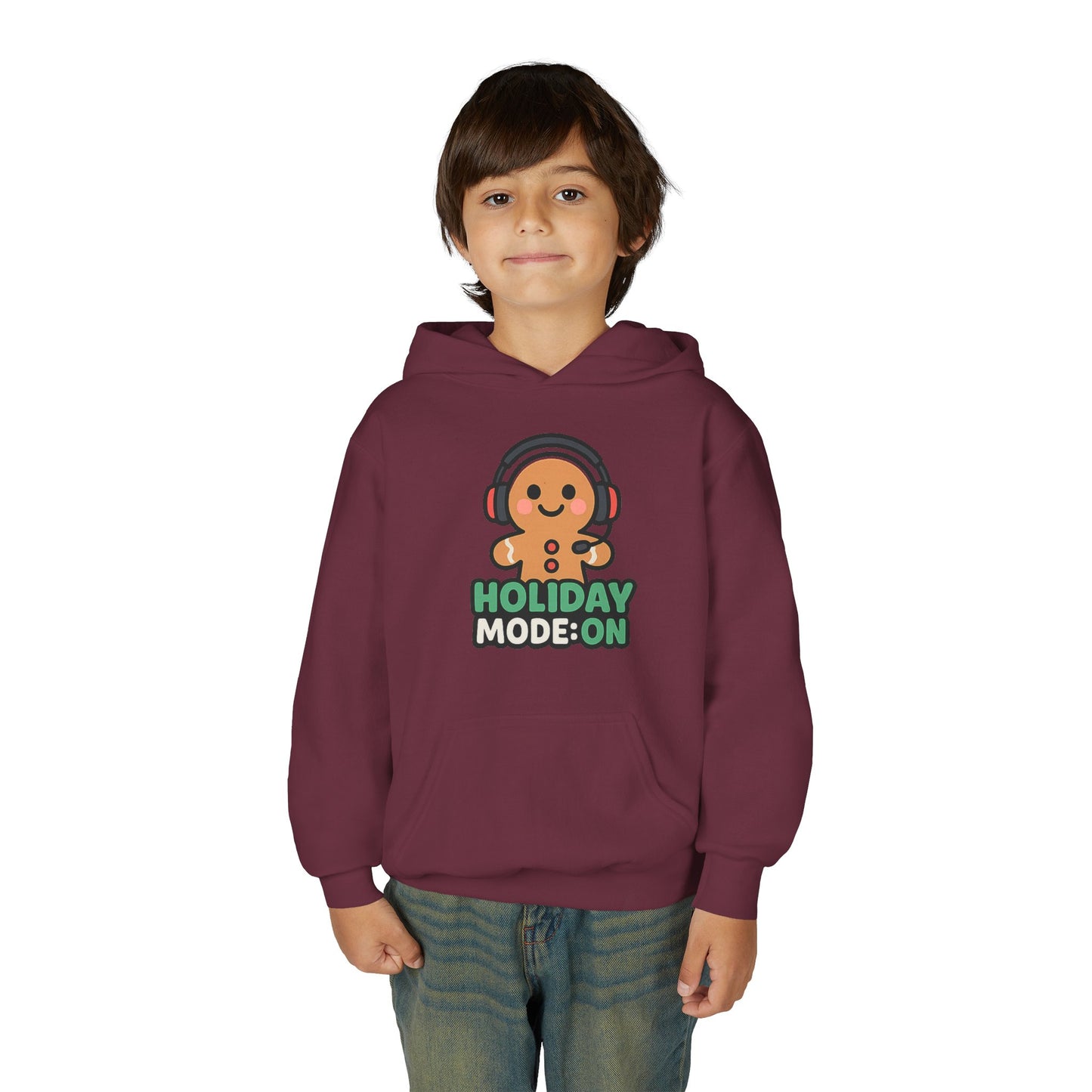 Youth Hoodie — 'Holiday Mode On' Gingerbread Headphone Christmas Sweatshirt