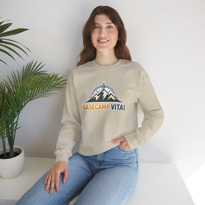 Base Camp Vital Mountain Embroidered Crewneck Sweatshirt | Cozy Hiking & Camping Pullover | 50/50 Midweight  Vital Mountain Crewneck Sweatshirt — Outdoor Adventure Logo Pullover (free shipping)