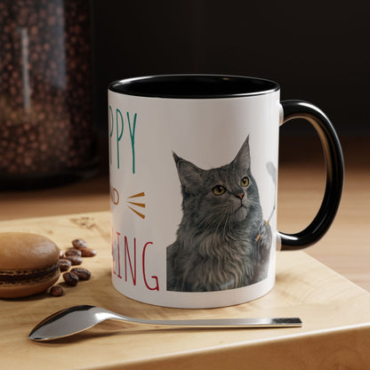 Happy and Dazzling smoking Cat Coffee Mug — Cute Cat smoking a cigarette Illustration Accent Mug (11/15 oz) (free shipping)