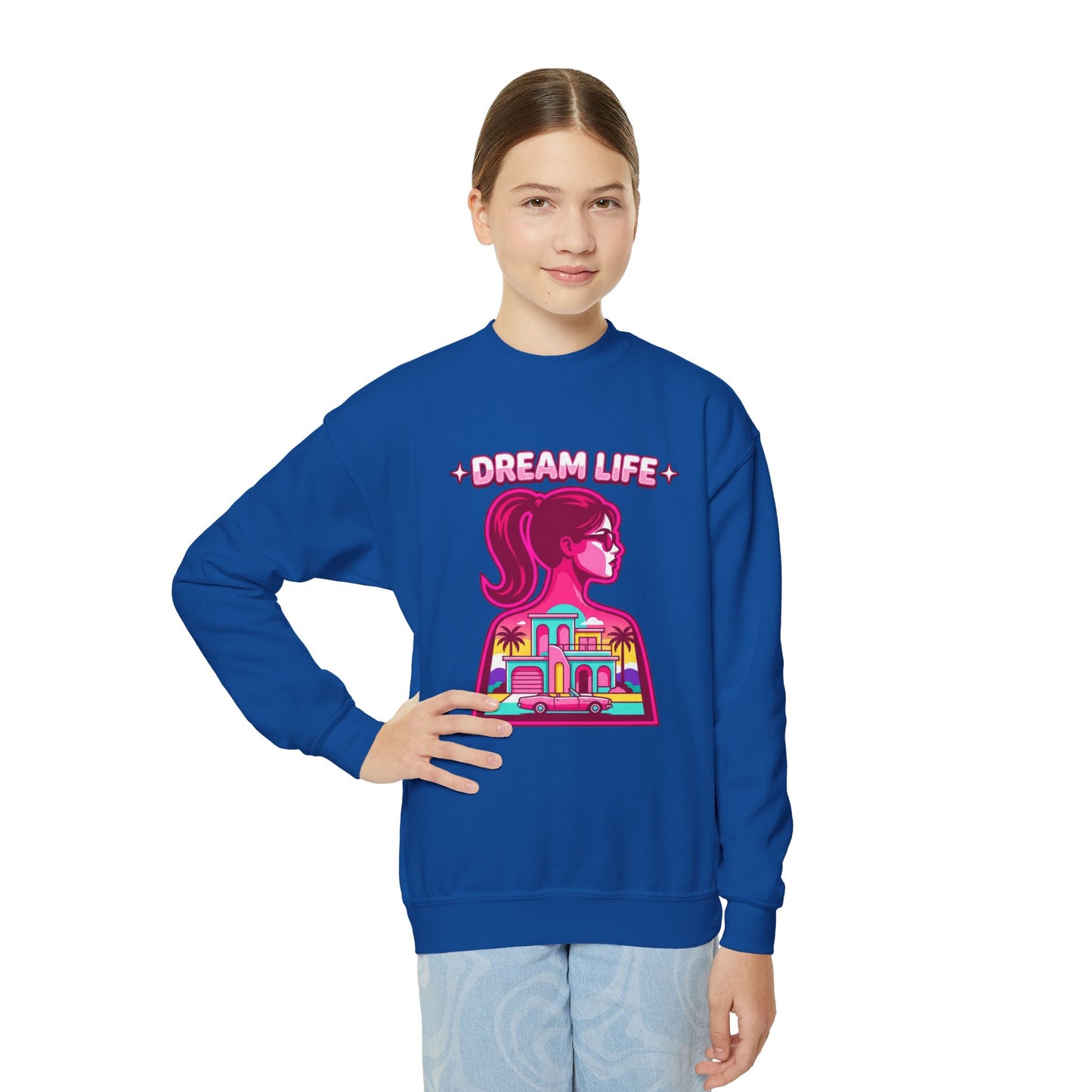 “Dream Life” girls “Barbie style” Youth Crewneck Sweatshirt — Retro Sunset Girl Graphic