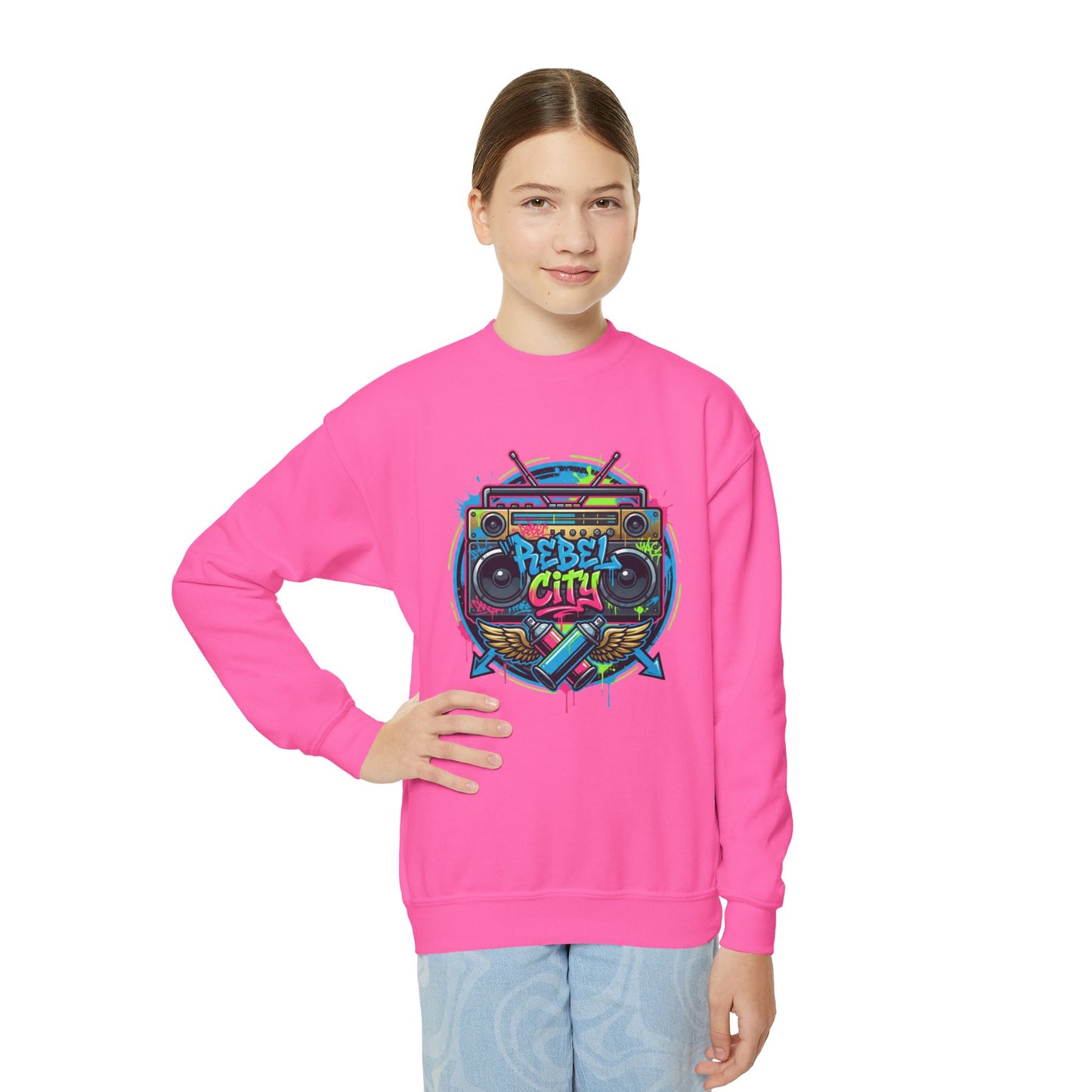Youth Crewneck Sweatshirt — Vibrant Retro Boombox “Rebel With” spray paint Graphic
