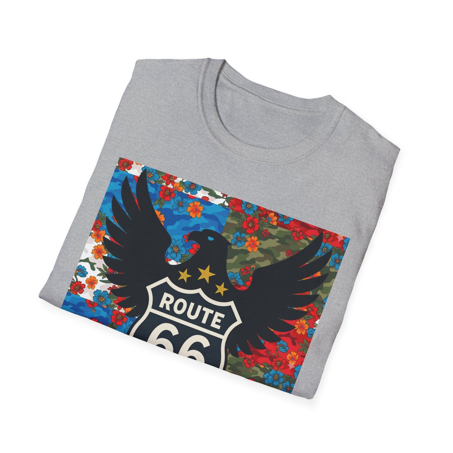 Route 66 Made in USA T-Shirt — Vintage Eagle Floral Roadtrip Tee- camo flower combo T-shirt