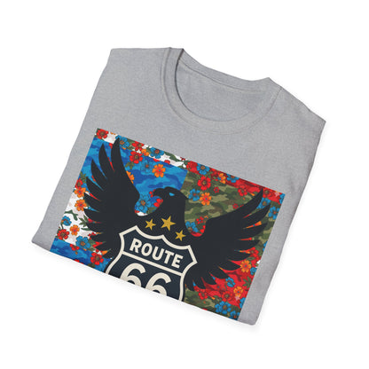 Route 66 Made in USA T-Shirt — Vintage Eagle Floral Roadtrip Tee- camo flower combo T-shirt