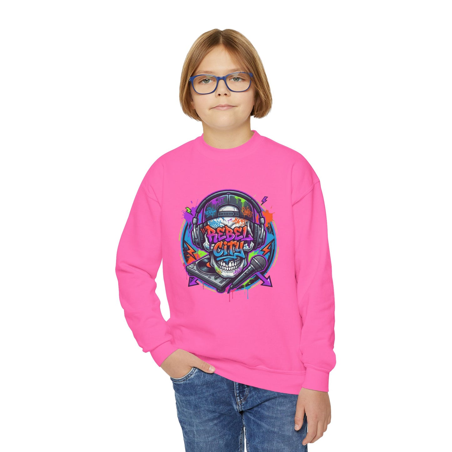 Youth Crewneck Sweatshirt — Neon spray paint rebel Skull 'Rebel With A Cause' Graphic