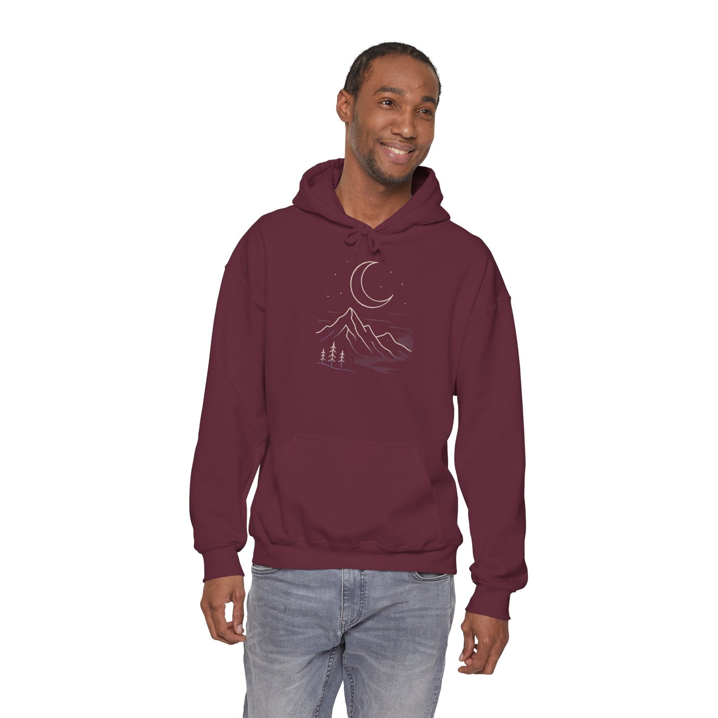 Mountain Moonline Hoodie — base camp vital gear- Minimal Crescent & Peaks Graphic Sweatshirt