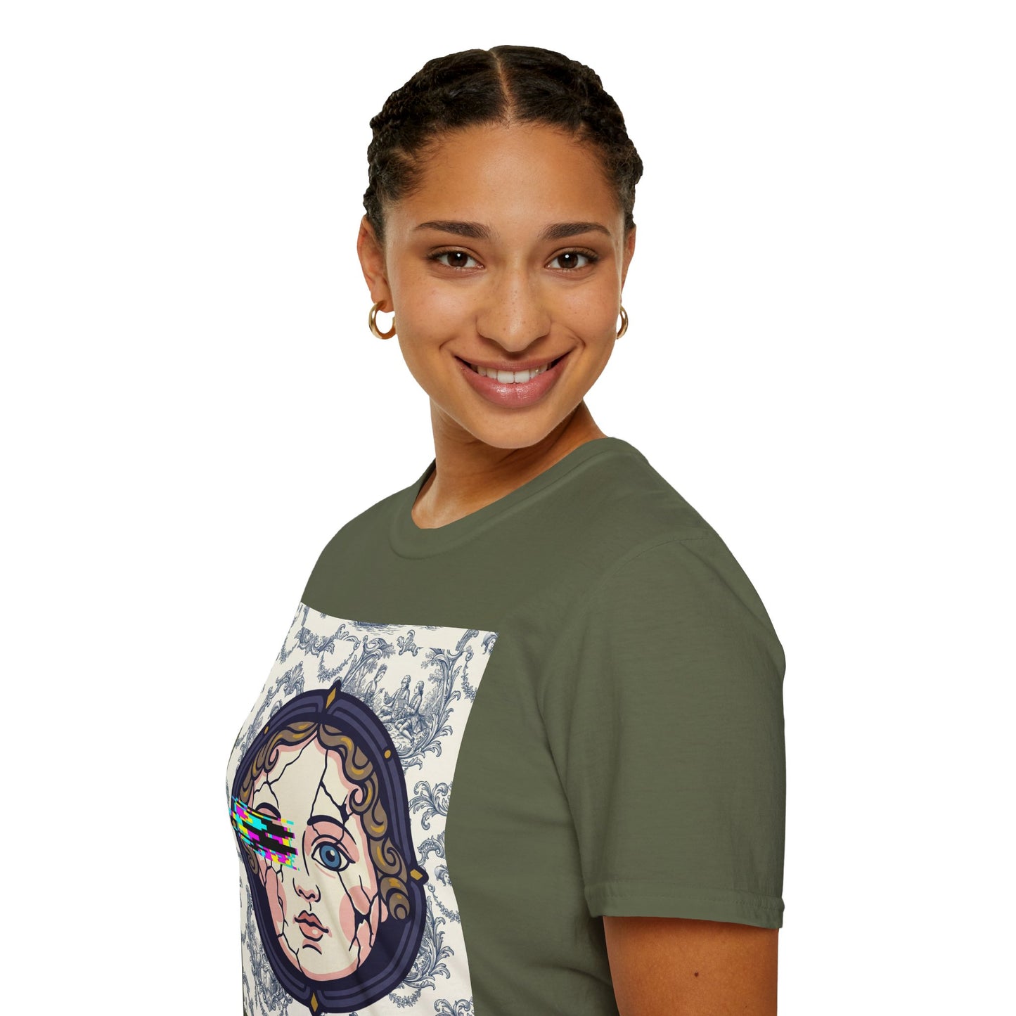 Glitch retro cracked porcelain doll face- Rococo Smartphone Toile - T-Shirt — Retro Mythology Art Tee