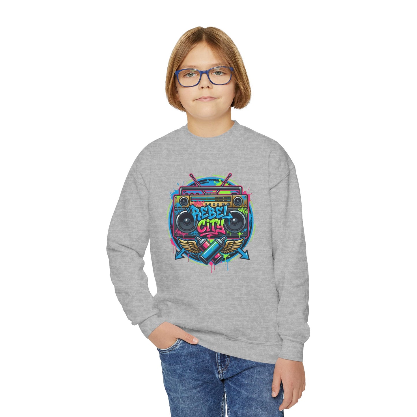 Youth Crewneck Sweatshirt — Vibrant Retro Boombox “Rebel With” spray paint Graphic