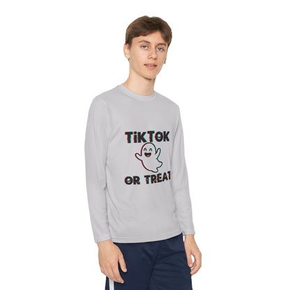 TikTok Halloween Long Sleeve Tee, Youth Costume Shirt, Spooky Apparel, Trick or Treat Top, Youth Ghost Halloween Shirt