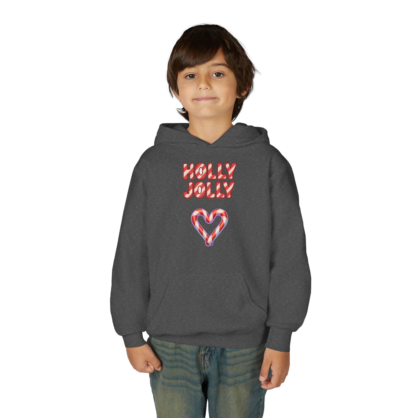 Youth Hoodie — "Holly Jolly" Candy Cane Heart Christmas Sweatshirt