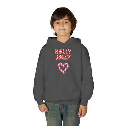 Youth Hoodie — "Holly Jolly" Candy Cane Heart Christmas Sweatshirt
