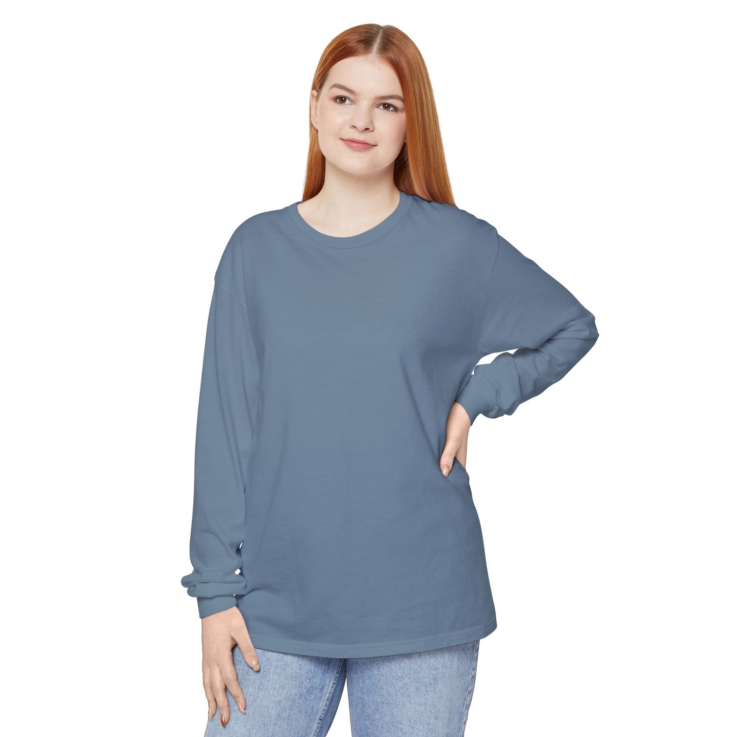 Women’s blue, blue jean color Garment-Dyed Long Sleeve T-Shirt - Relaxed Everyday Comfort
