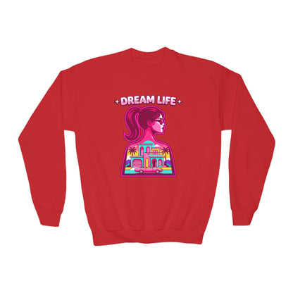 “Dream Life” girls “Barbie style” Youth Crewneck Sweatshirt — Retro Sunset Girl Graphic