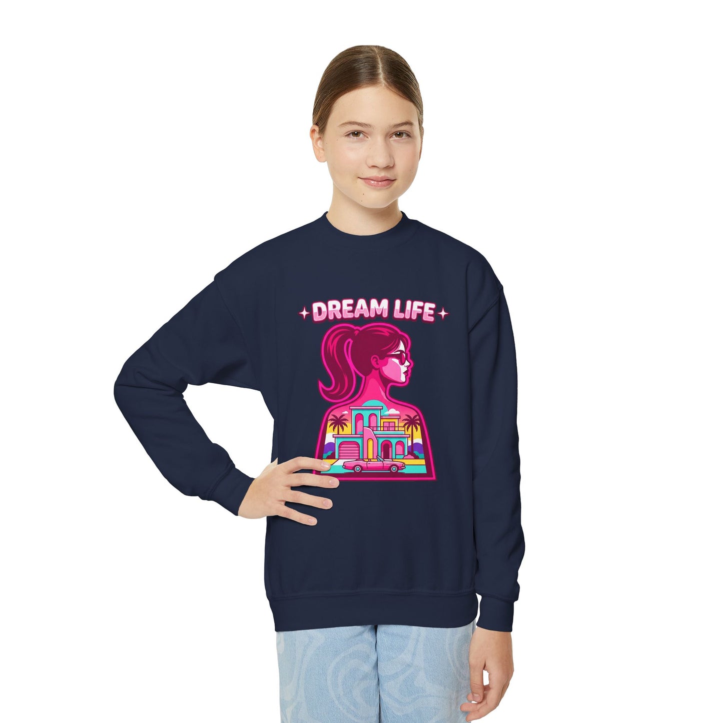 “Dream Life” girls “Barbie style” Youth Crewneck Sweatshirt — Retro Sunset Girl Graphic