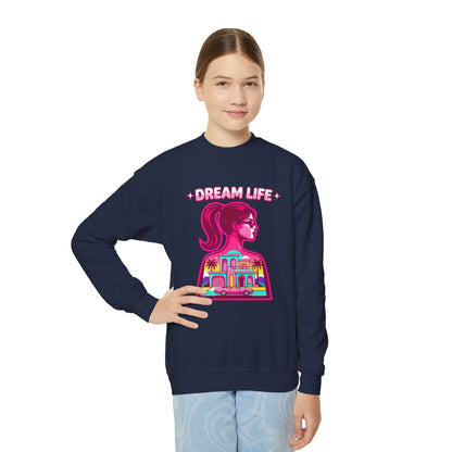 “Dream Life” girls “Barbie style” Youth Crewneck Sweatshirt — Retro Sunset Girl Graphic