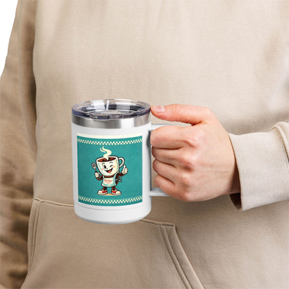 Perky’s Cafe KS Retro Teal 15oz Stainless Tumbler w/ Handle-  Mug Tumbler — Cute Smiling Coffee Cup Character, 15oz Travel Mug (free shipping)