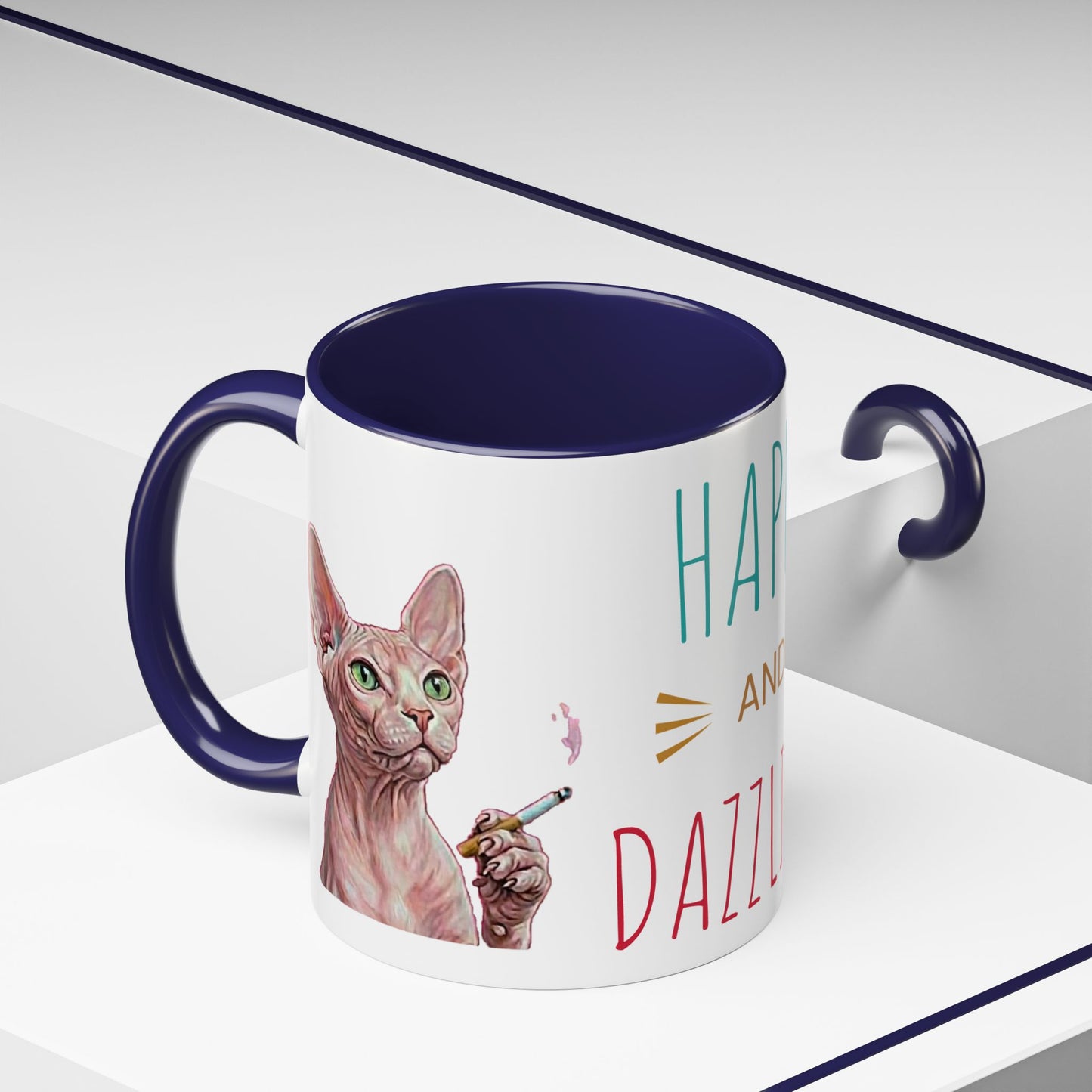 Happy and Dazzling smoking Cat Coffee Mug — Sphynx Cat Accent Mug (11/15oz) (free shipping)