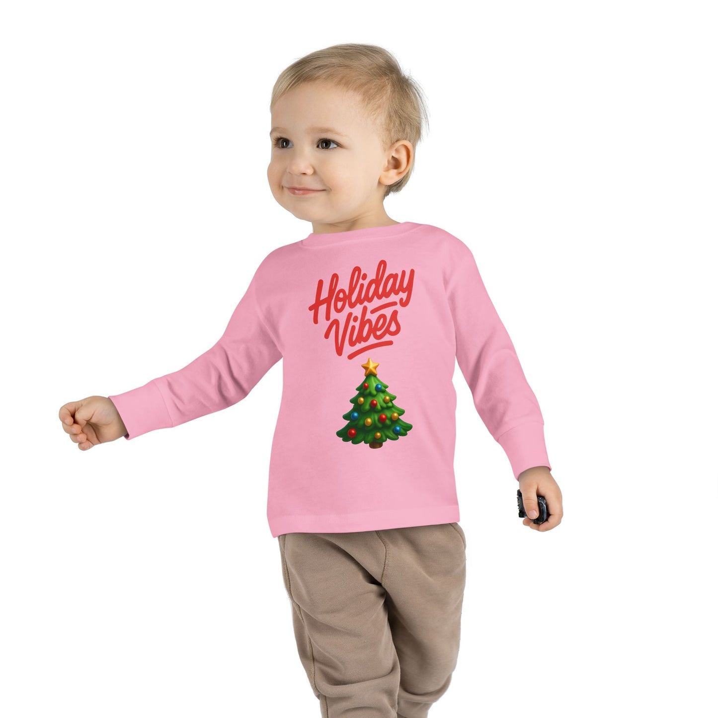 Holiday Vibes unisex Toddler Long Sleeve Tee – Cute Christmas Tree Kids Shirt