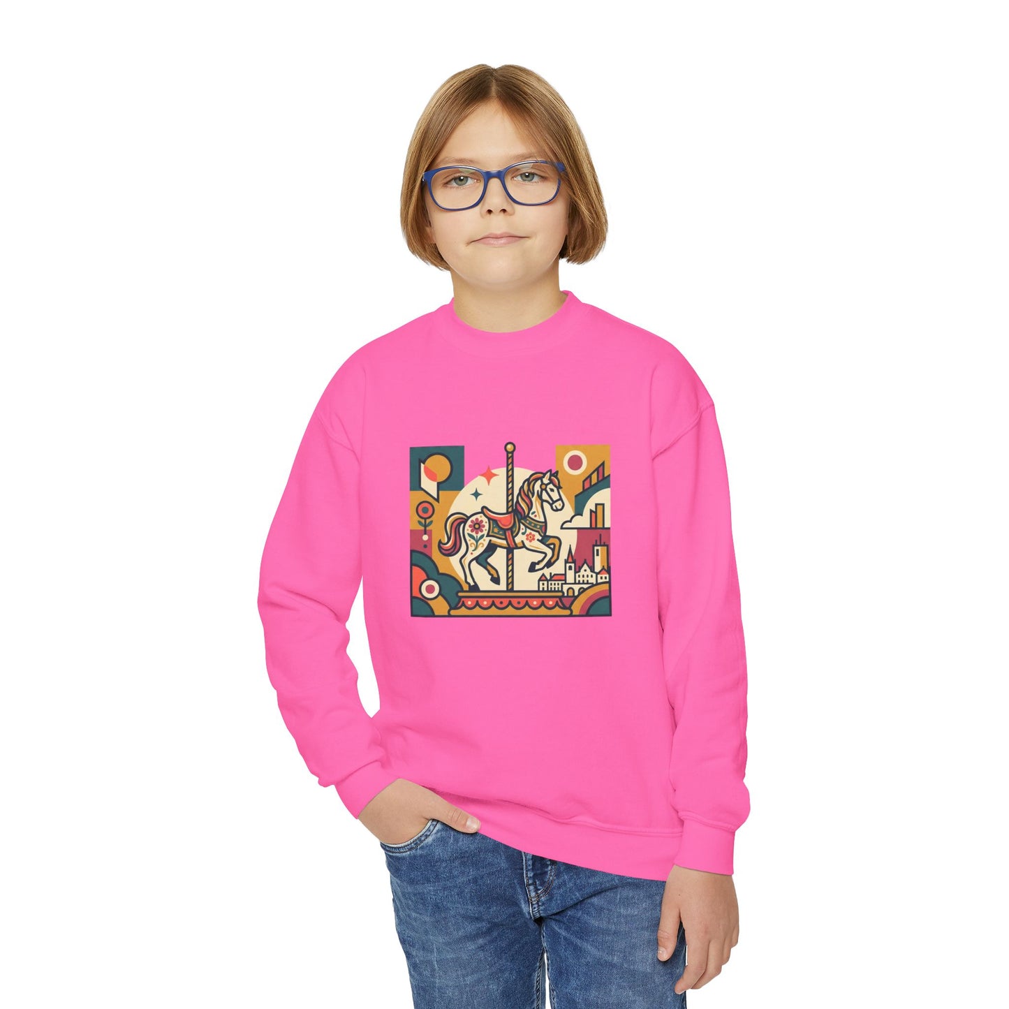 Youth Crewneck Sweatshirt — Retro Carousel Horse Graphic