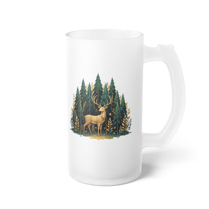 Frosted Beer Stein — Woodland Moose & Pine Forest Glass Mug