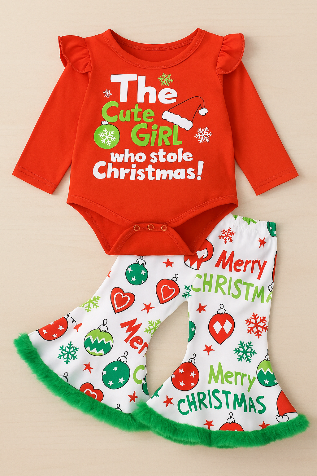 The Cute Girl Who Stole Christmas” 0-3 months Baby Outfit – gently used Holiday Bodysuit + Bell Bottom Pants Set
