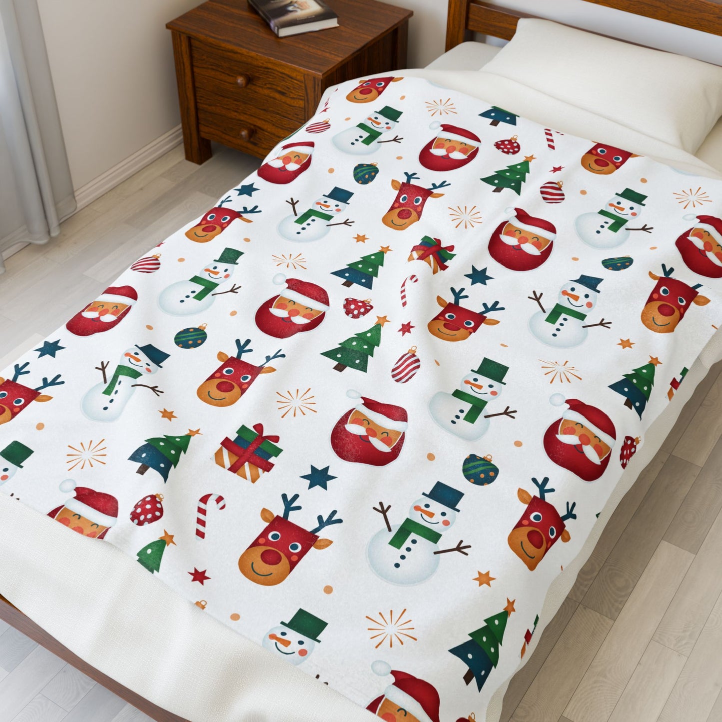 Christmas Character Velveteen Plush Blanket — Reindeer, Santa & Snowman Holiday Throw (free shipping)