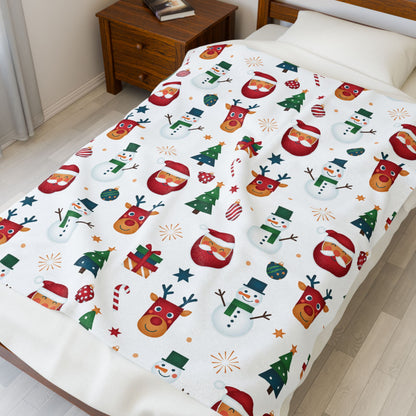Christmas Character Velveteen Plush Blanket — Reindeer, Santa & Snowman Holiday Throw (free shipping)